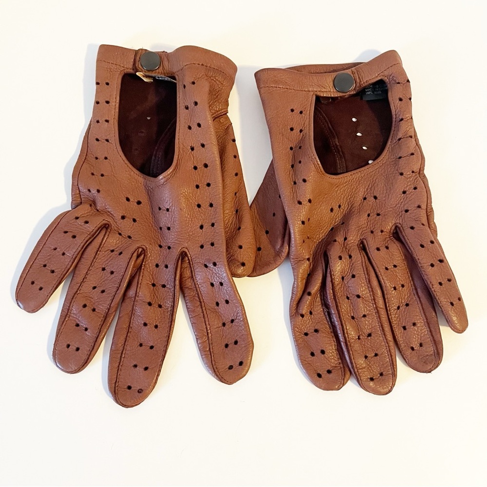 Vintage Paul Stuart Tan Genuine Deer Skin Leather Driving Gloves with Snaps